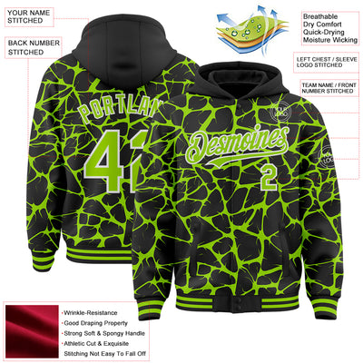 Custom Black Neon Green-White Abstract Network Bomber Full-Snap Varsity Letterman Hoodie Jacket