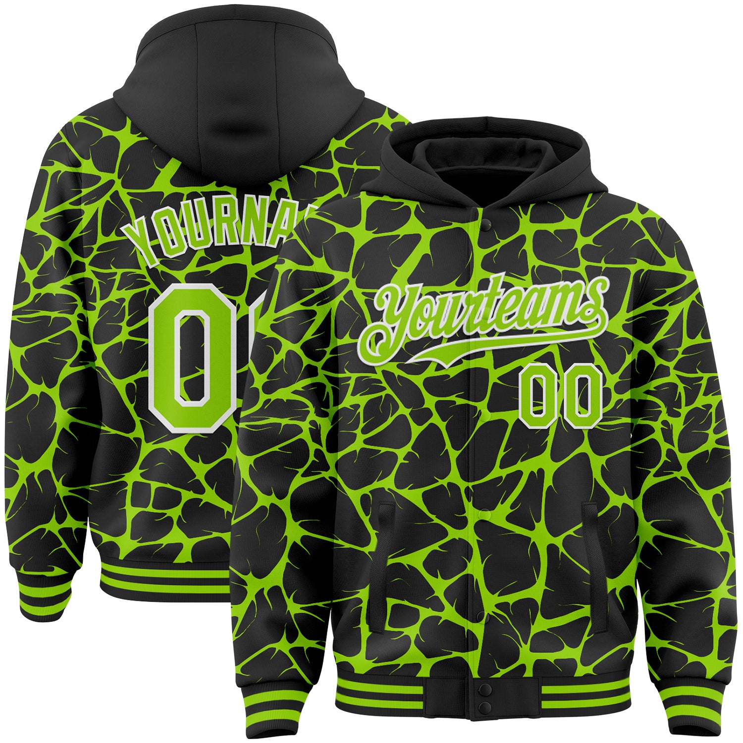 Custom Black Neon Green-White Abstract Network Bomber Full-Snap Varsity Letterman Hoodie Jacket