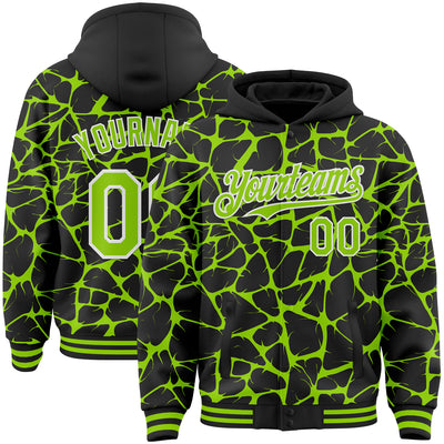Custom Black Neon Green-White Abstract Network Bomber Full-Snap Varsity Letterman Hoodie Jacket