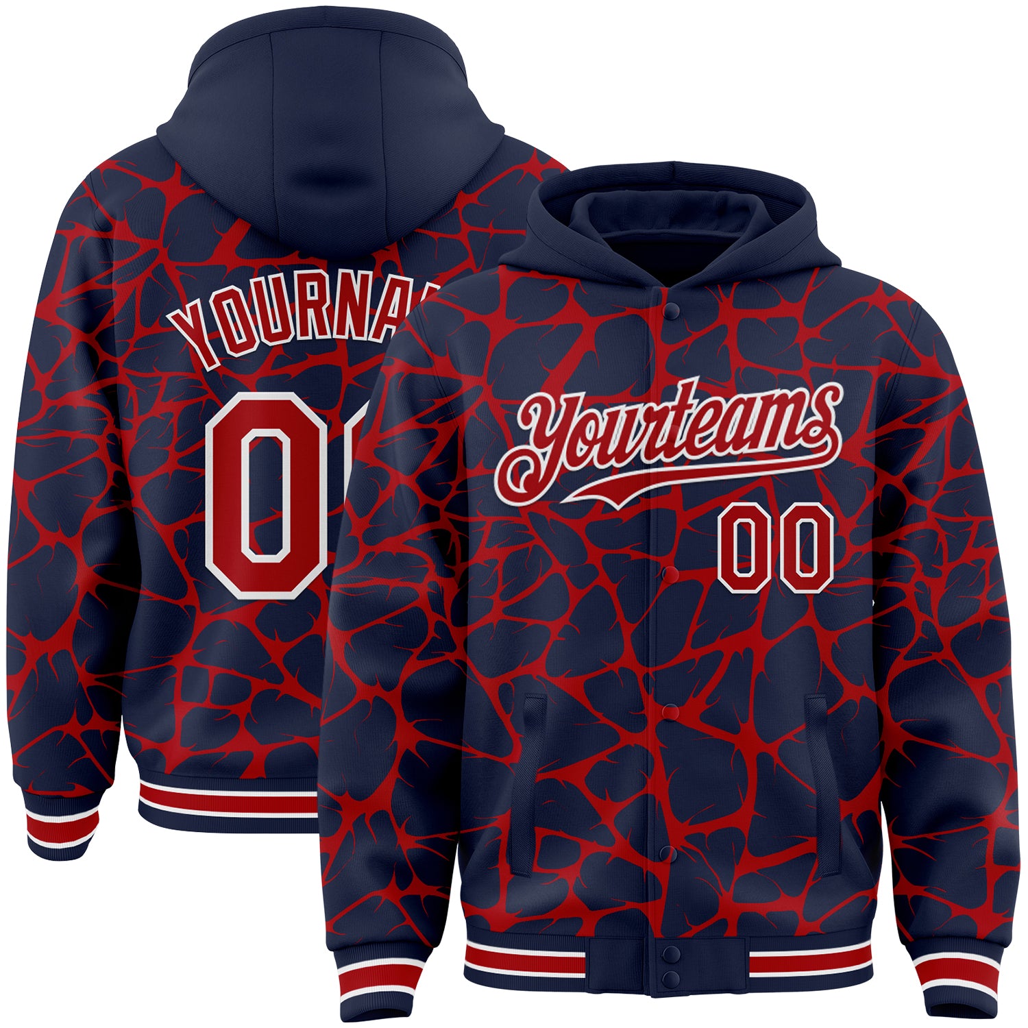 Custom Navy Red-White Abstract Network Bomber Full-Snap Varsity Letterman Hoodie Jacket