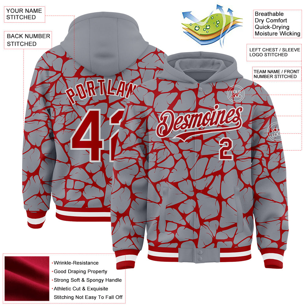 Custom Gray Red-White Abstract Network Bomber Full-Snap Varsity Letterman Hoodie Jacket