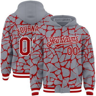 Custom Gray Red-White Abstract Network Bomber Full-Snap Varsity Letterman Hoodie Jacket