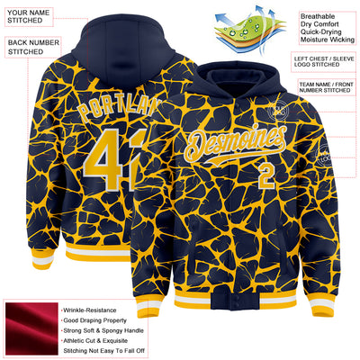 Custom Navy Gold-White Abstract Network Bomber Full-Snap Varsity Letterman Hoodie Jacket