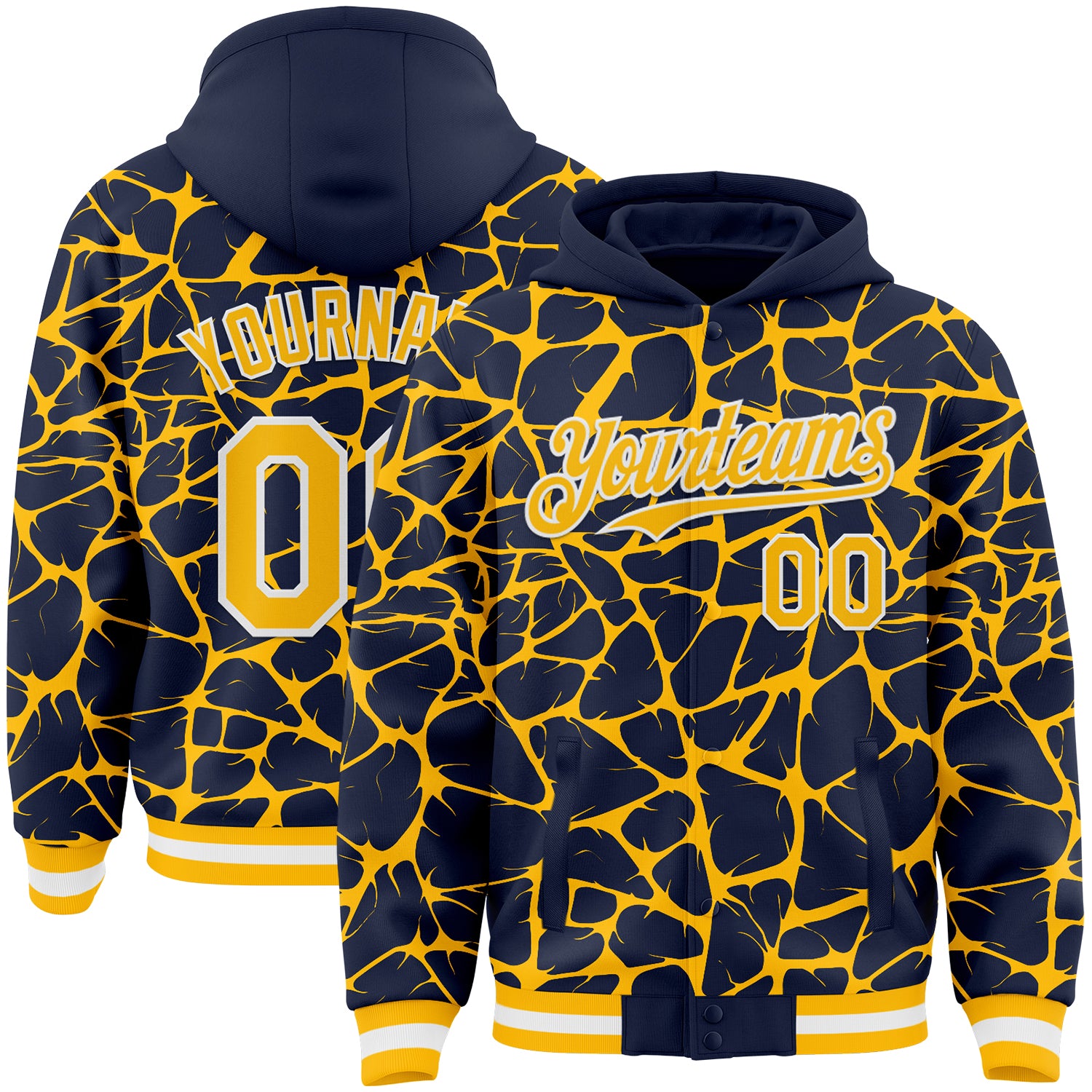 Custom Navy Gold-White Abstract Network Bomber Full-Snap Varsity Letterman Hoodie Jacket