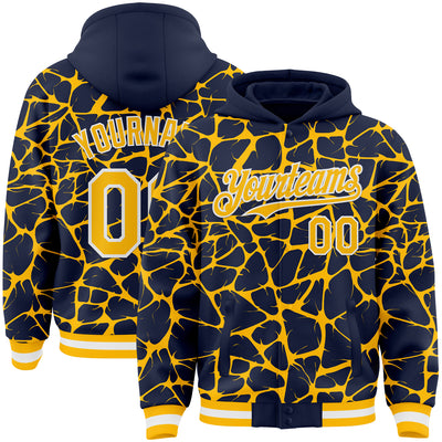 Custom Navy Gold-White Abstract Network Bomber Full-Snap Varsity Letterman Hoodie Jacket