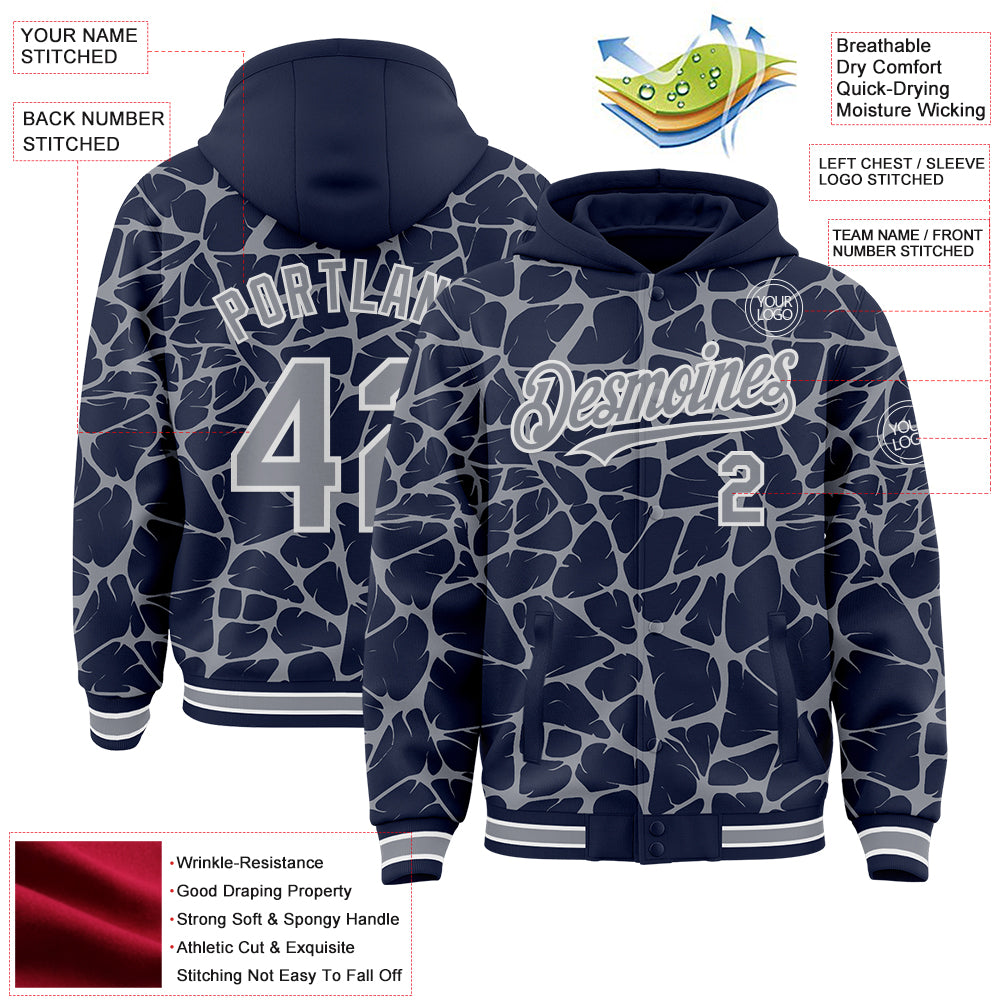 Custom Navy Gray-White Abstract Network Bomber Full-Snap Varsity Letterman Hoodie Jacket