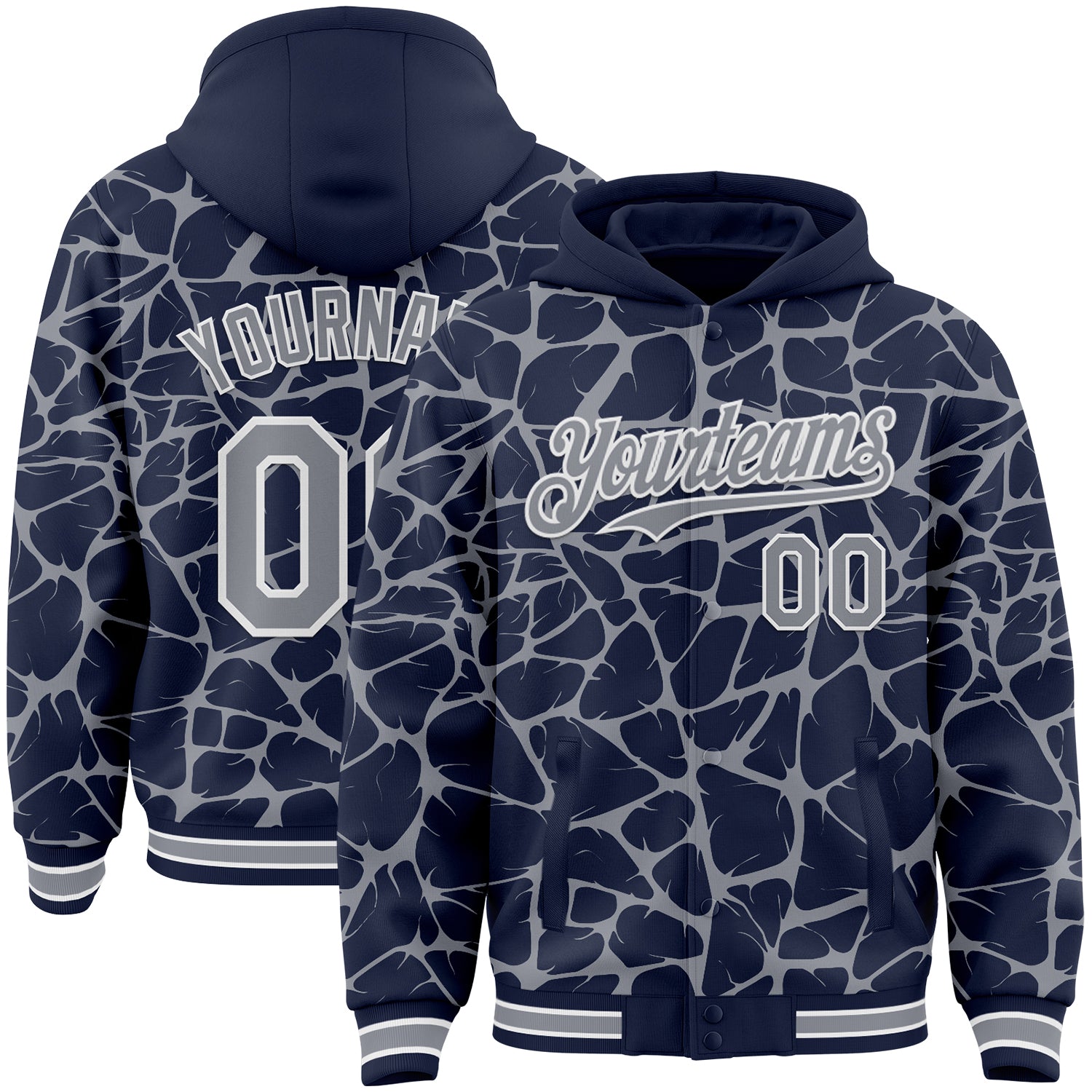 Custom Navy Gray-White Abstract Network Bomber Full-Snap Varsity Letterman Hoodie Jacket