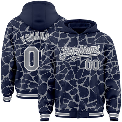 Custom Navy Gray-White Abstract Network Bomber Full-Snap Varsity Letterman Hoodie Jacket