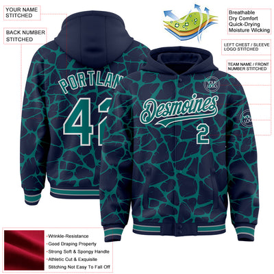 Custom Navy Teal-White Abstract Network Bomber Full-Snap Varsity Letterman Hoodie Jacket