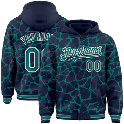 Custom Navy Teal-White Abstract Network Bomber Full-Snap Varsity Letterman Hoodie Jacket
