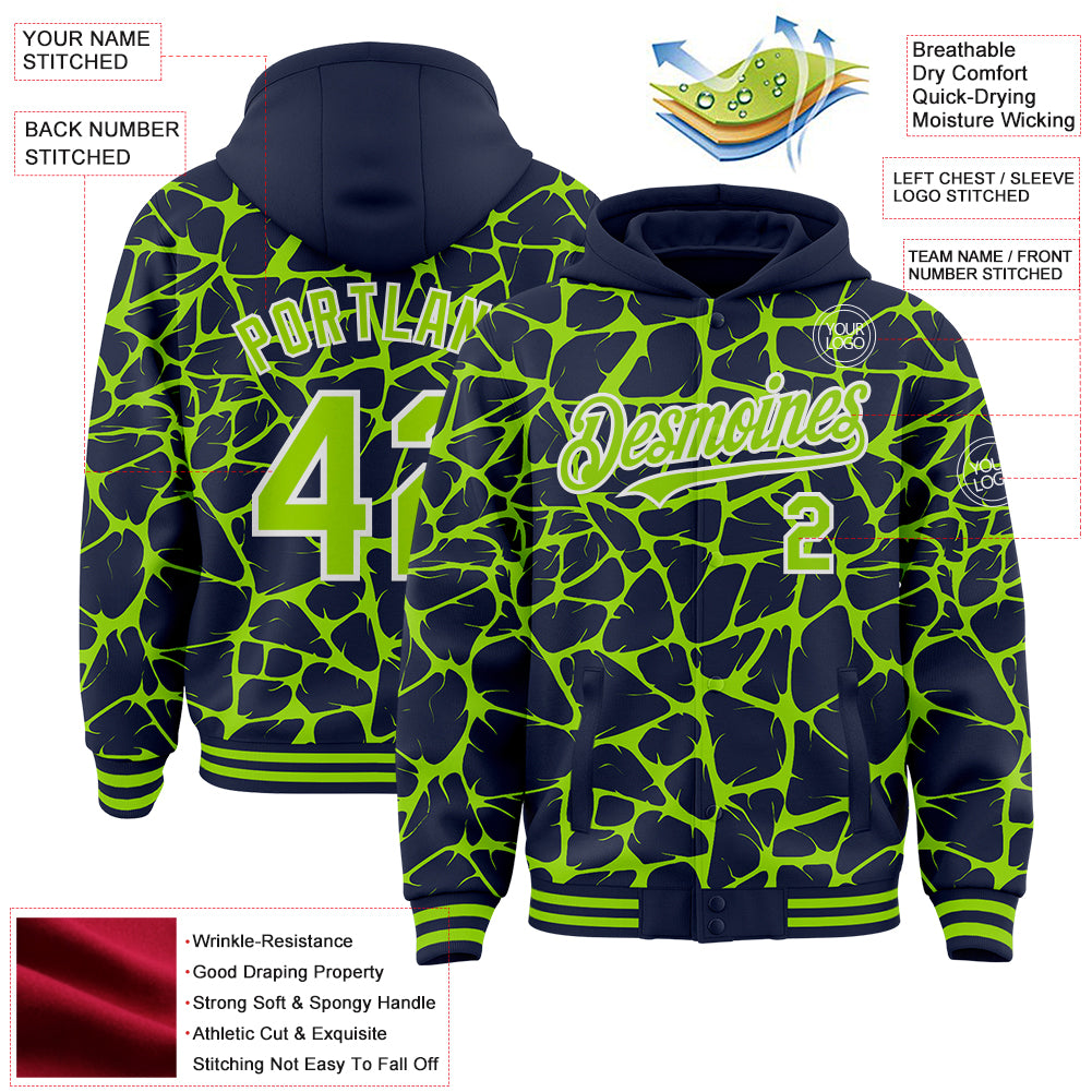 Custom Navy Neon Green-White Abstract Network Bomber Full-Snap Varsity Letterman Hoodie Jacket