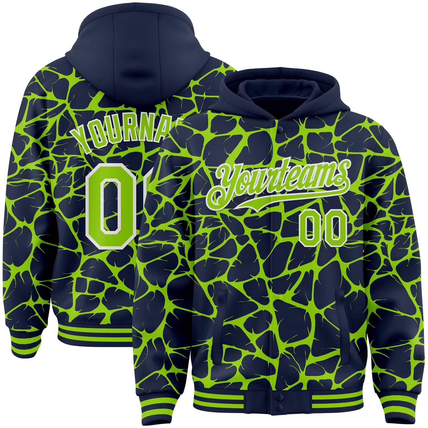 Custom Navy Neon Green-White Abstract Network Bomber Full-Snap Varsity Letterman Hoodie Jacket