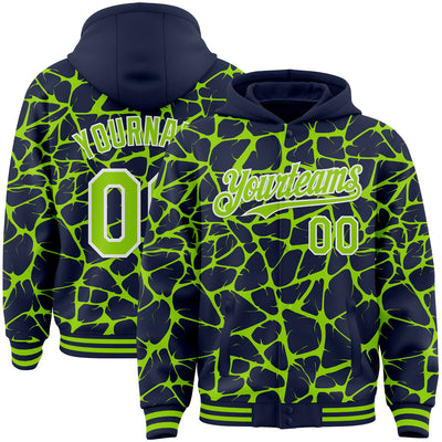 Custom Navy Neon Green-White Abstract Network Bomber Full-Snap Varsity Letterman Hoodie Jacket