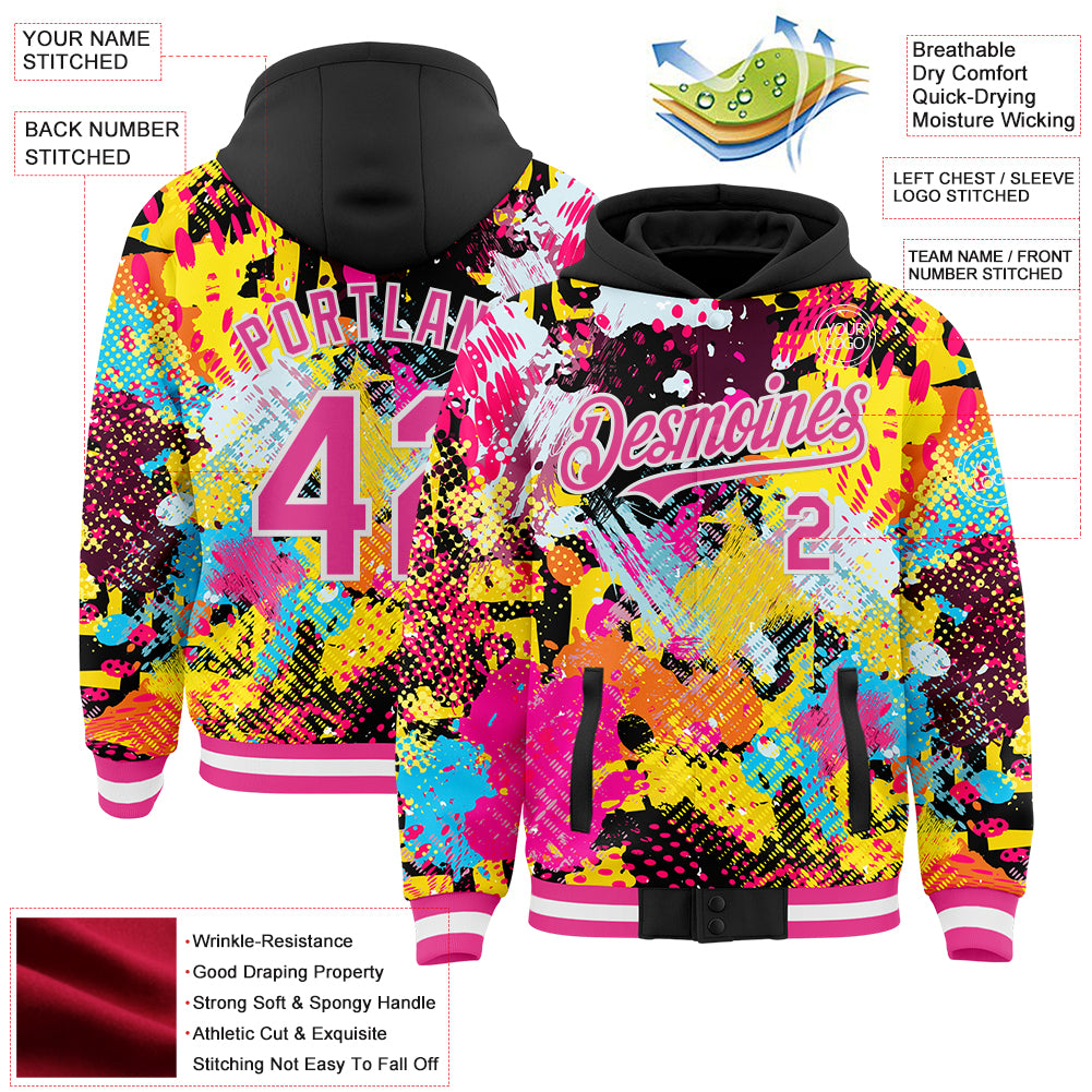 Custom Graffiti Pattern Pink Black-White Splash Bomber Full-Snap Varsity Letterman Hoodie Jacket