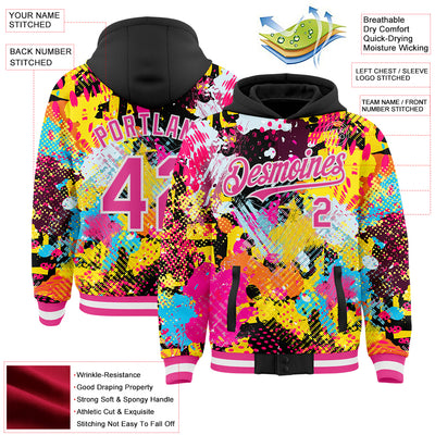 Custom Graffiti Pattern Pink Black-White Splash Bomber Full-Snap Varsity Letterman Hoodie Jacket