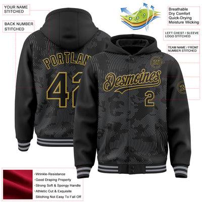 Custom Black Gray-Old Gold Curve Lines Bomber Full-Snap Varsity Letterman Hoodie Jacket