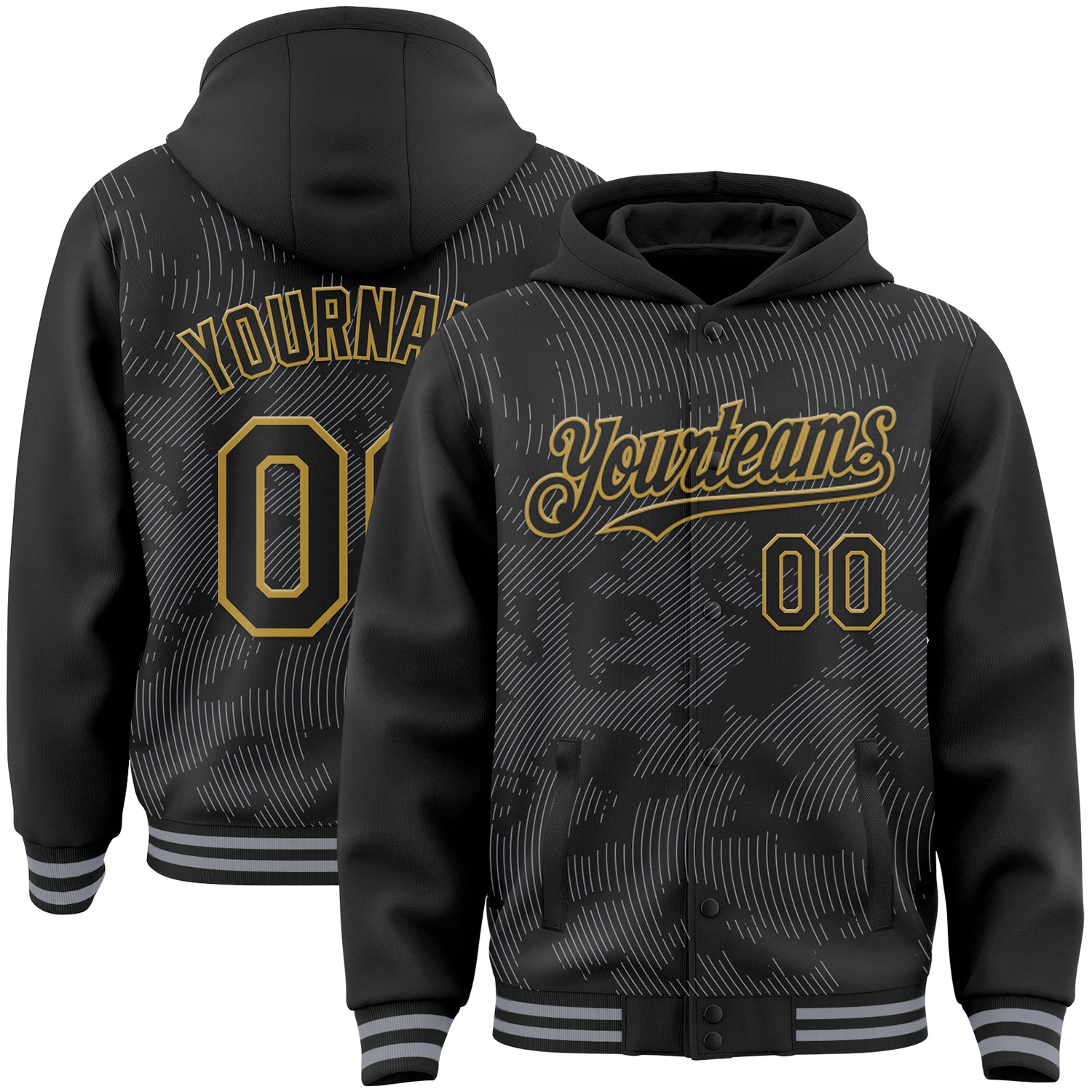 Custom Black Gray-Old Gold Curve Lines Bomber Full-Snap Varsity Letterman Hoodie Jacket