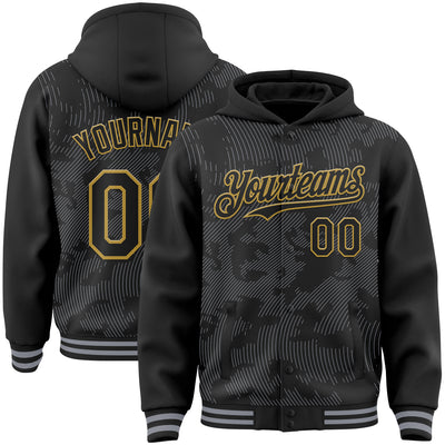 Custom Black Gray-Old Gold Curve Lines Bomber Full-Snap Varsity Letterman Hoodie Jacket