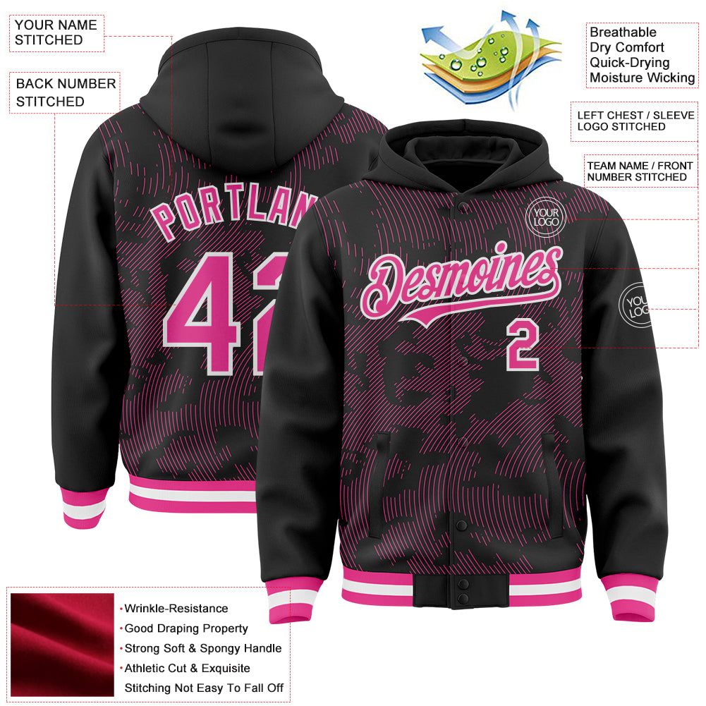 Custom Black Pink-White Curve Lines Bomber Full-Snap Varsity Letterman Hoodie Jacket