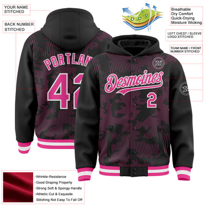 Custom Black Pink-White Curve Lines Bomber Full-Snap Varsity Letterman Hoodie Jacket