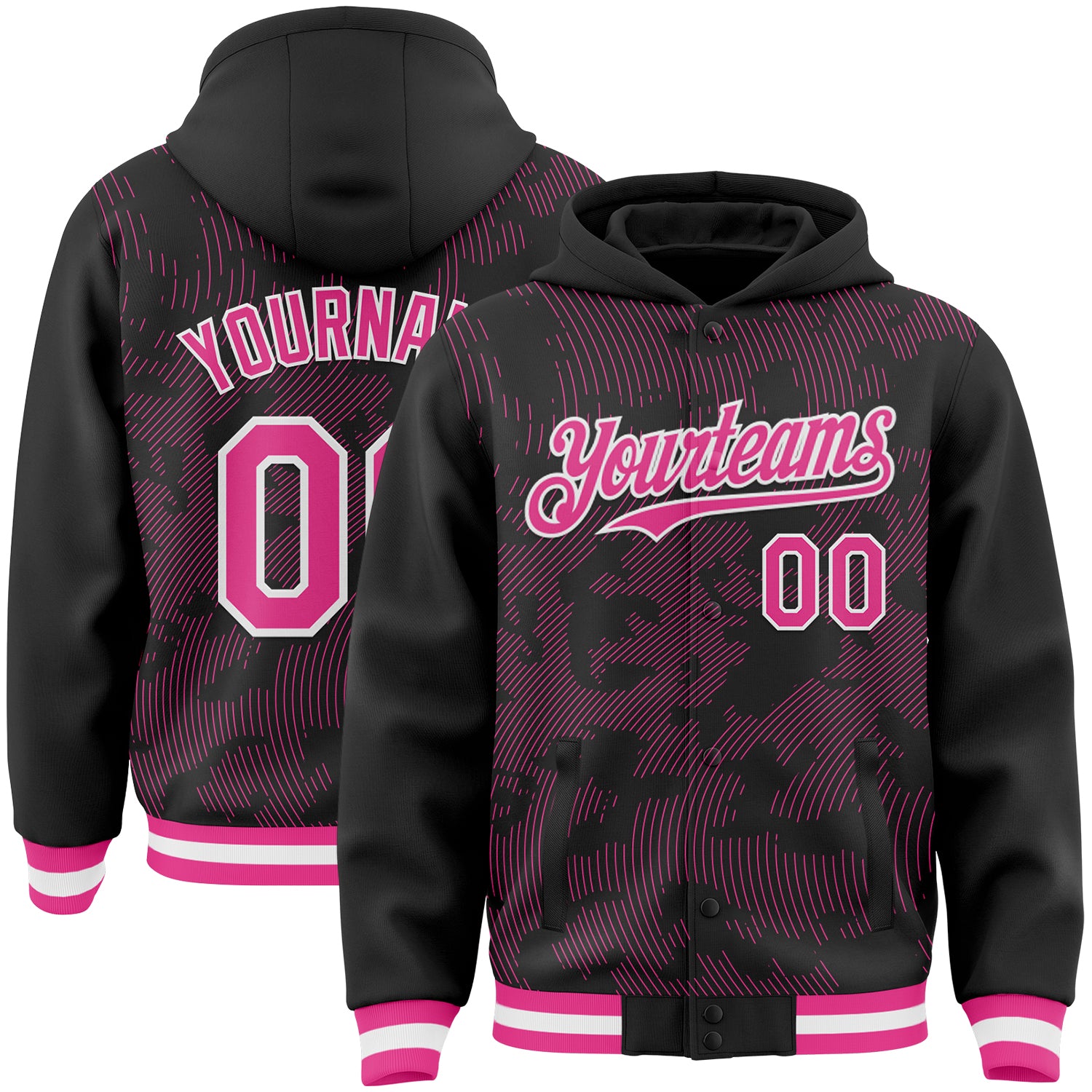 Custom Black Pink-White Curve Lines Bomber Full-Snap Varsity Letterman Hoodie Jacket