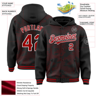 Custom Black Red-White Curve Lines Bomber Full-Snap Varsity Letterman Hoodie Jacket