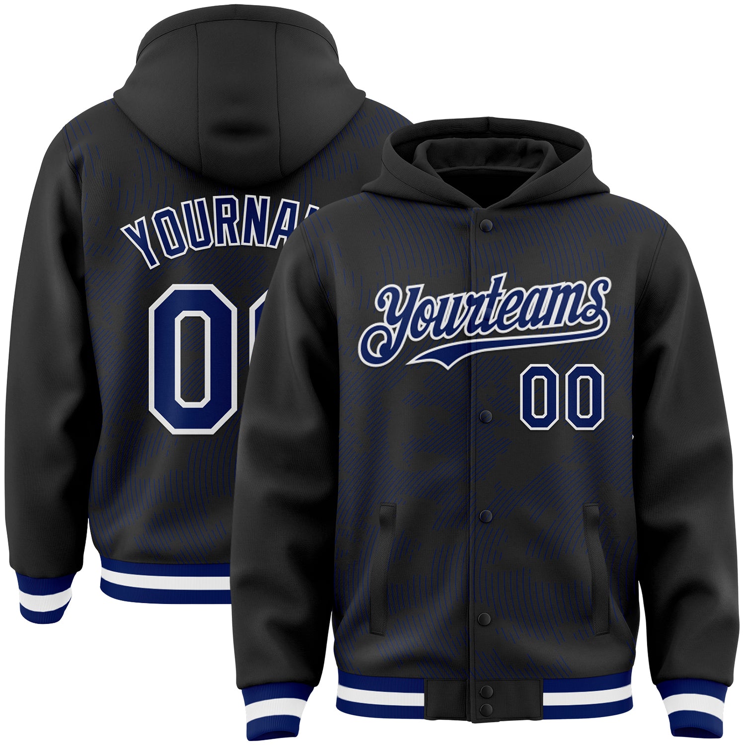 Custom Black Royal-White Curve Lines Bomber Full-Snap Varsity Letterman Hoodie Jacket