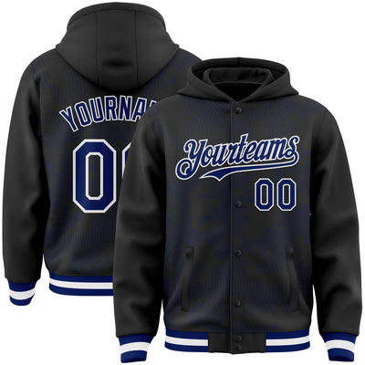Custom Black Royal-White Curve Lines Bomber Full-Snap Varsity Letterman Hoodie Jacket