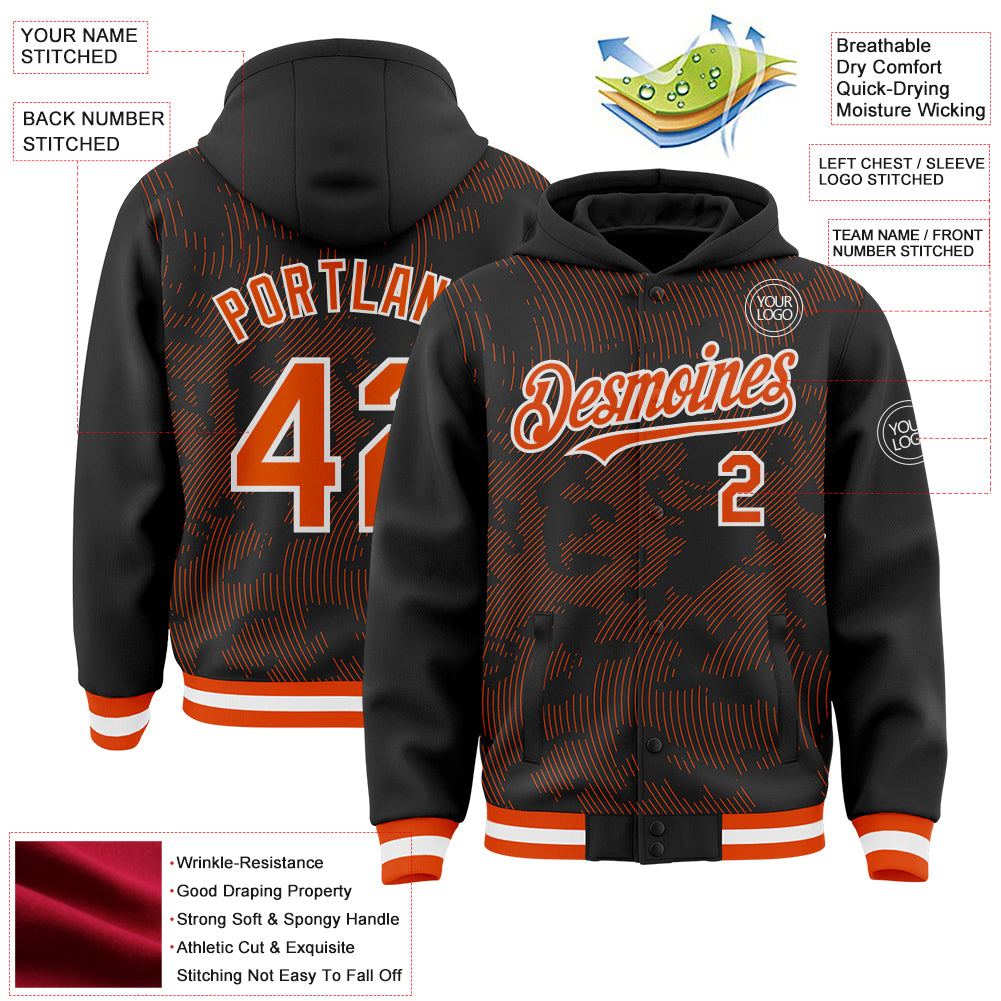 Custom Black Orange-White Curve Lines Bomber Full-Snap Varsity Letterman Hoodie Jacket