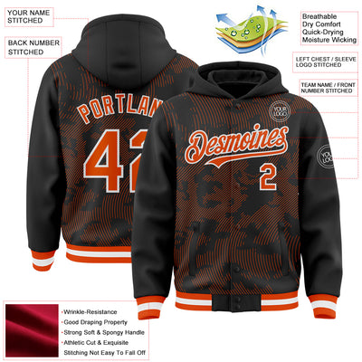 Custom Black Orange-White Curve Lines Bomber Full-Snap Varsity Letterman Hoodie Jacket