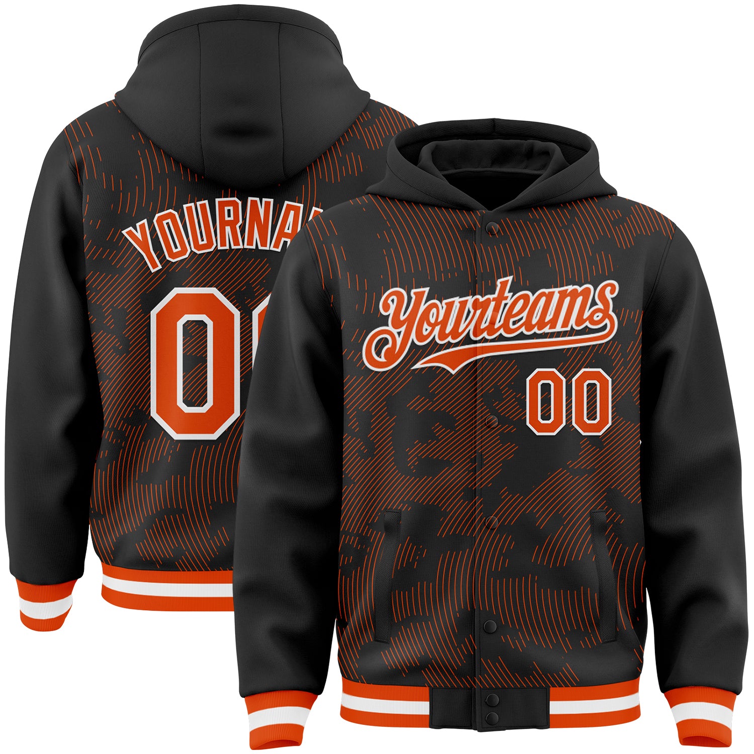 Custom Black Orange-White Curve Lines Bomber Full-Snap Varsity Letterman Hoodie Jacket