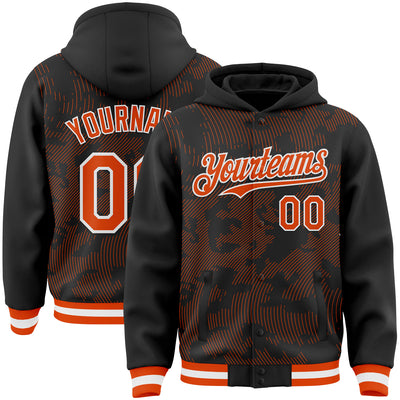 Custom Black Orange-White Curve Lines Bomber Full-Snap Varsity Letterman Hoodie Jacket