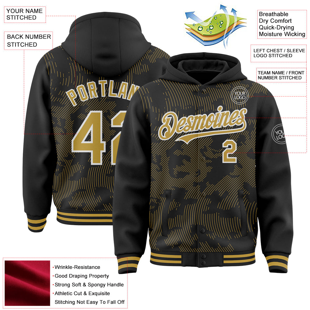 Custom Black Old Gold-White Curve Lines Bomber Full-Snap Varsity Letterman Hoodie Jacket
