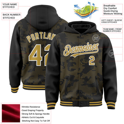 Custom Black Old Gold-White Curve Lines Bomber Full-Snap Varsity Letterman Hoodie Jacket