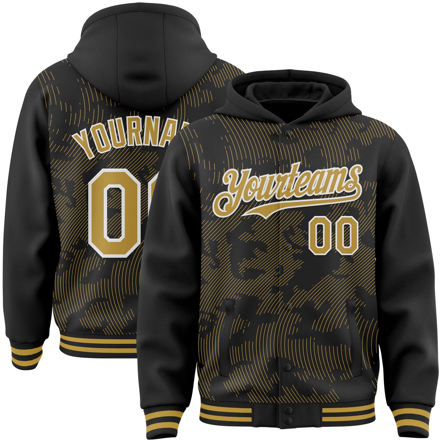 Custom Black Old Gold-White Curve Lines Bomber Full-Snap Varsity Letterman Hoodie Jacket