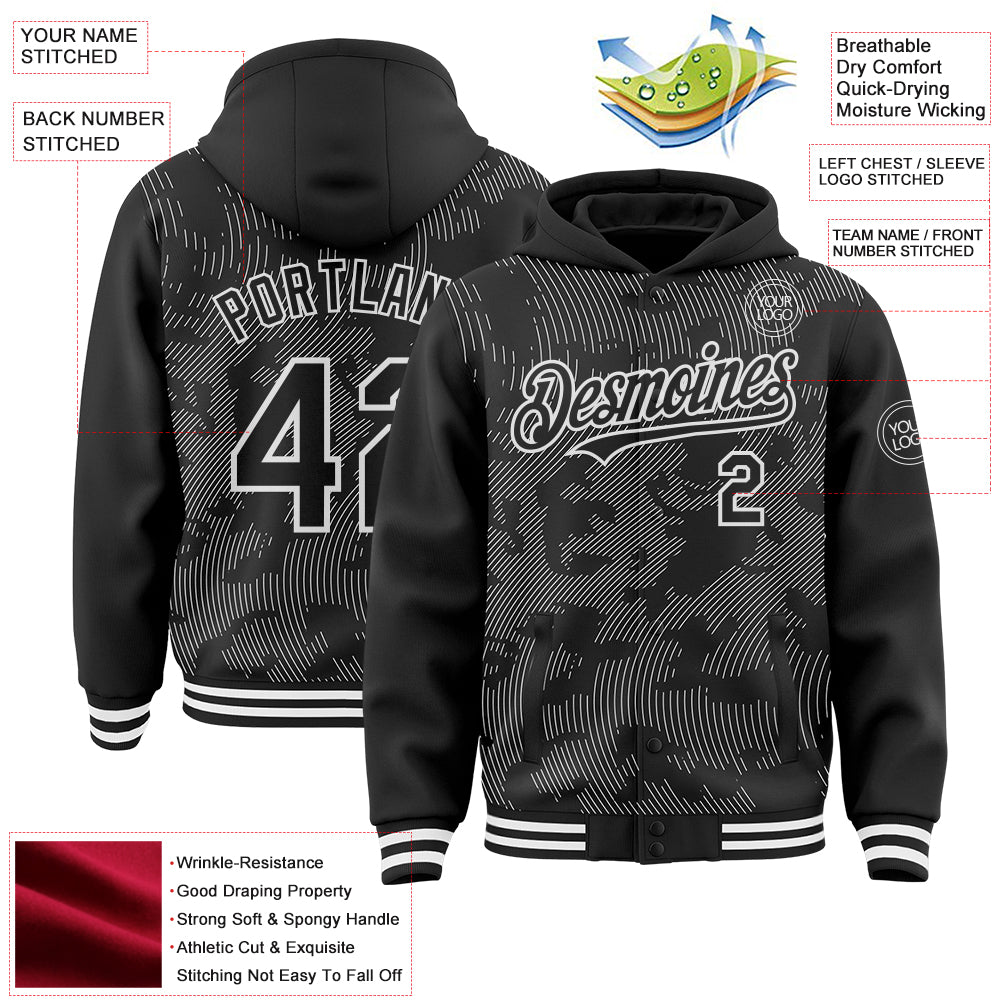 Custom Black White Curve Lines Bomber Full-Snap Varsity Letterman Hoodie Jacket
