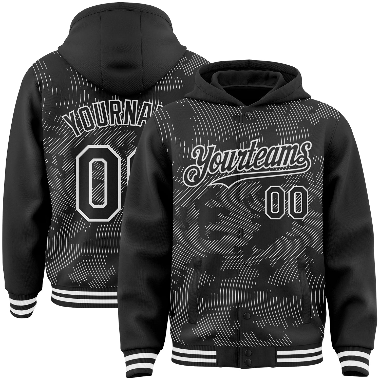Custom Black White Curve Lines Bomber Full-Snap Varsity Letterman Hoodie Jacket