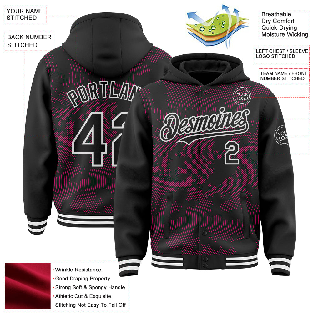 Custom Black Hot Pink-White Curve Lines Bomber Full-Snap Varsity Letterman Hoodie Jacket