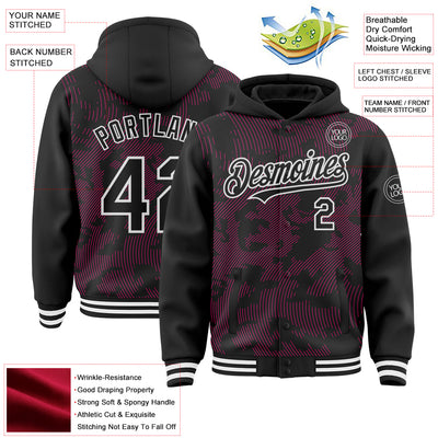 Custom Black Hot Pink-White Curve Lines Bomber Full-Snap Varsity Letterman Hoodie Jacket