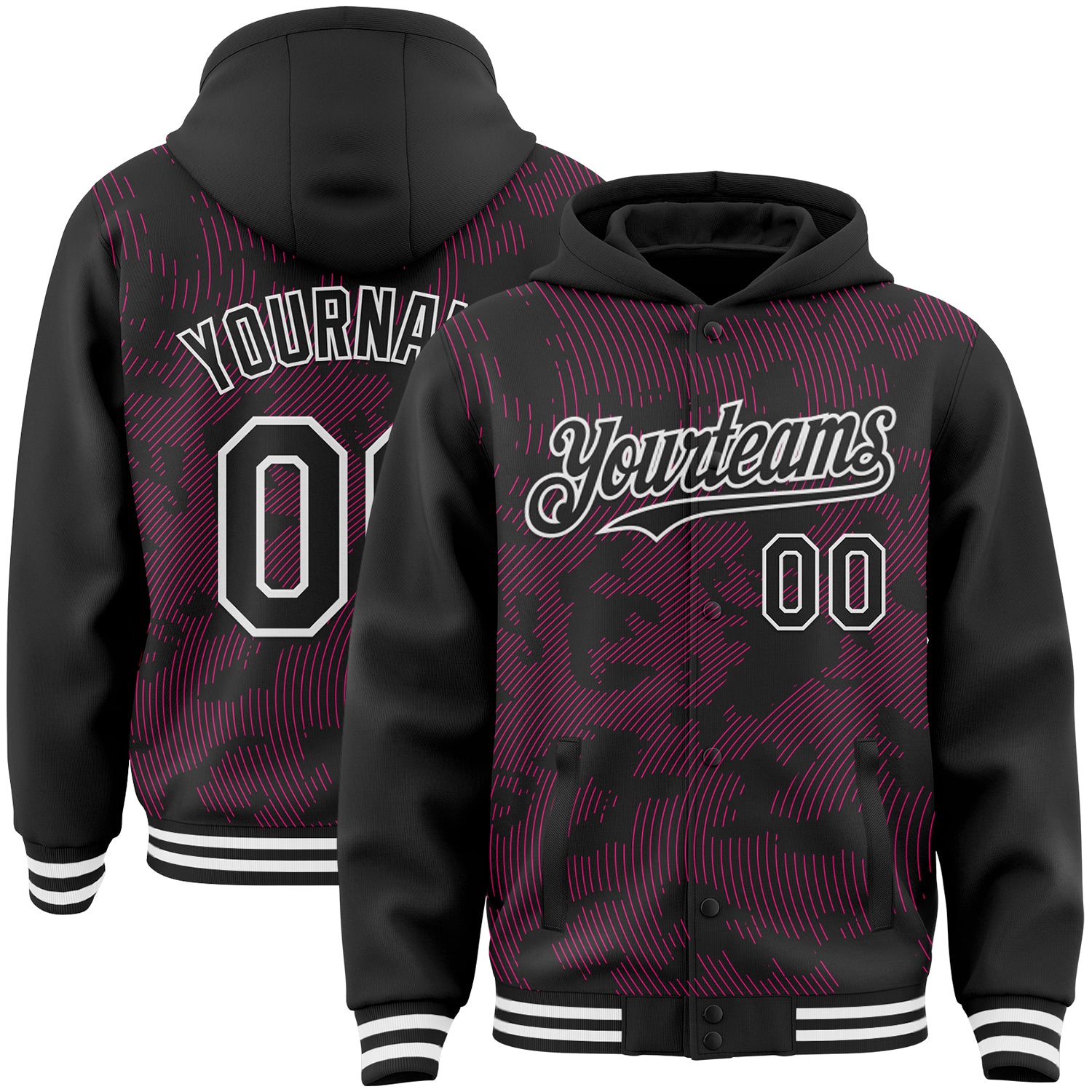 Custom Black Hot Pink-White Curve Lines Bomber Full-Snap Varsity Letterman Hoodie Jacket