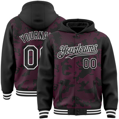 Custom Black Hot Pink-White Curve Lines Bomber Full-Snap Varsity Letterman Hoodie Jacket