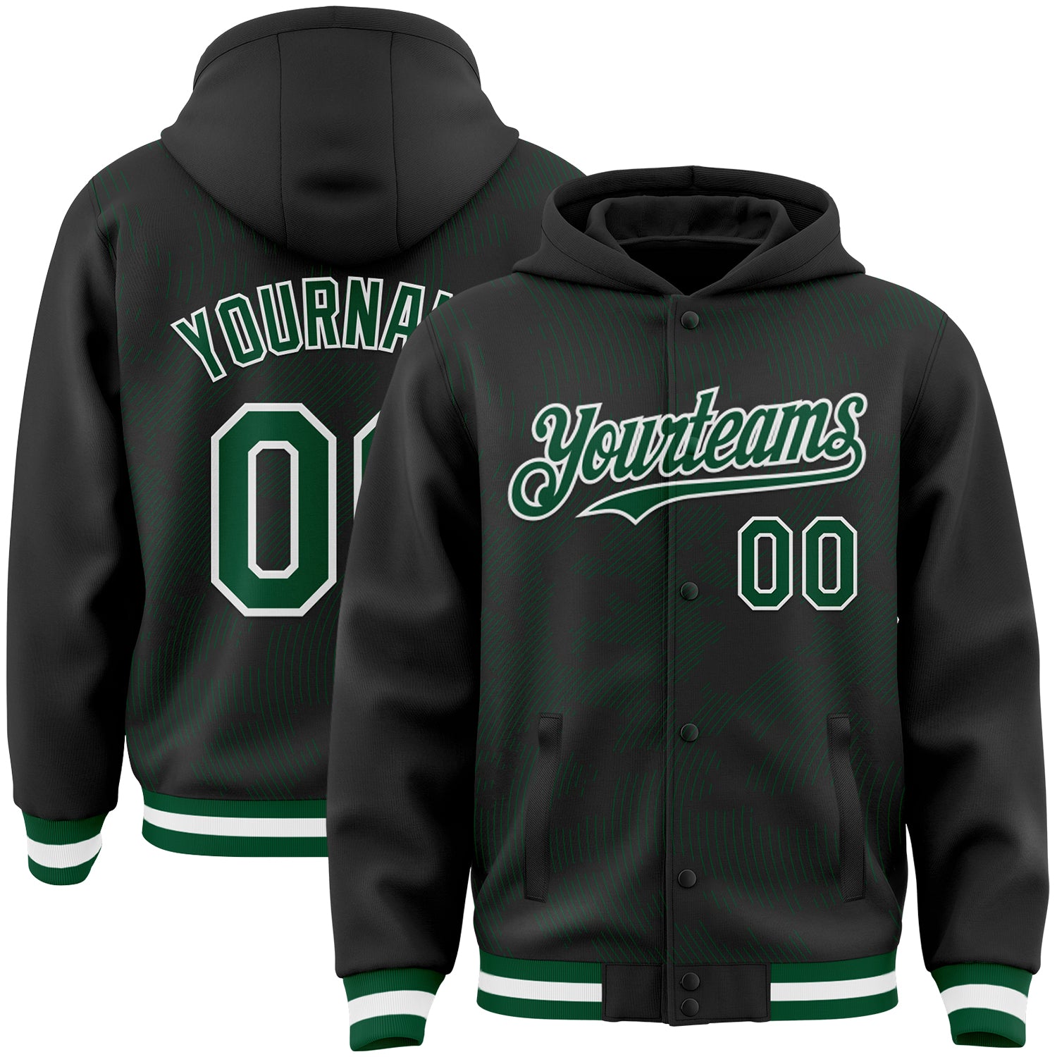 Custom Black Kelly Green-White Curve Lines Bomber Full-Snap Varsity Letterman Hoodie Jacket