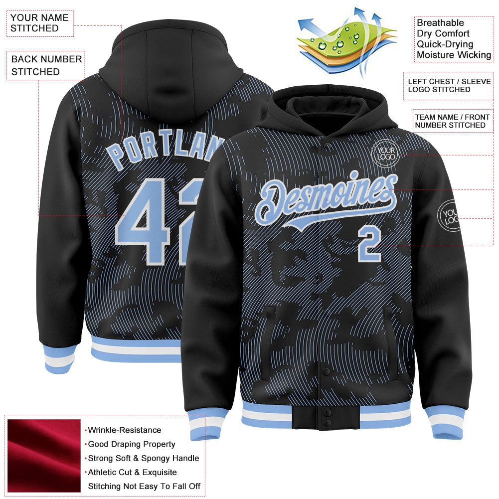 Custom Black Light Blue-White Curve Lines Bomber Full-Snap Varsity Letterman Hoodie Jacket
