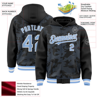 Custom Black Light Blue-White Curve Lines Bomber Full-Snap Varsity Letterman Hoodie Jacket