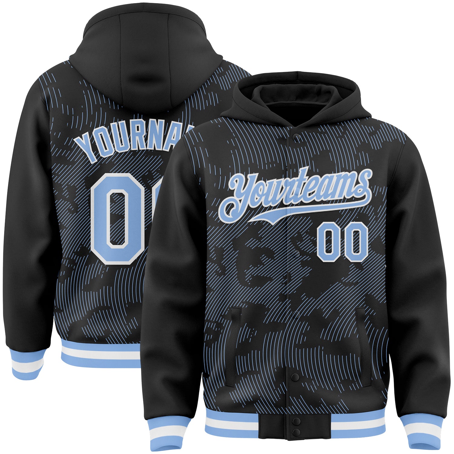 Custom Black Light Blue-White Curve Lines Bomber Full-Snap Varsity Letterman Hoodie Jacket