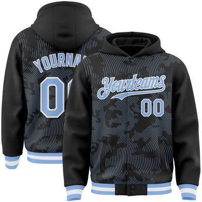 Custom Black Light Blue-White Curve Lines Bomber Full-Snap Varsity Letterman Hoodie Jacket