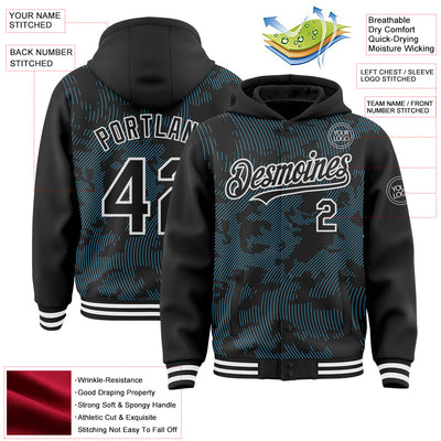 Custom Black Sky Blue-White Curve Lines Bomber Full-Snap Varsity Letterman Hoodie Jacket