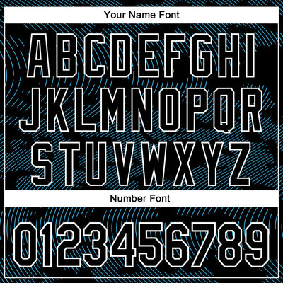 Custom Black Sky Blue-White Curve Lines Bomber Full-Snap Varsity Letterman Hoodie Jacket