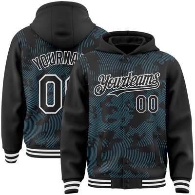 Custom Black Sky Blue-White Curve Lines Bomber Full-Snap Varsity Letterman Hoodie Jacket