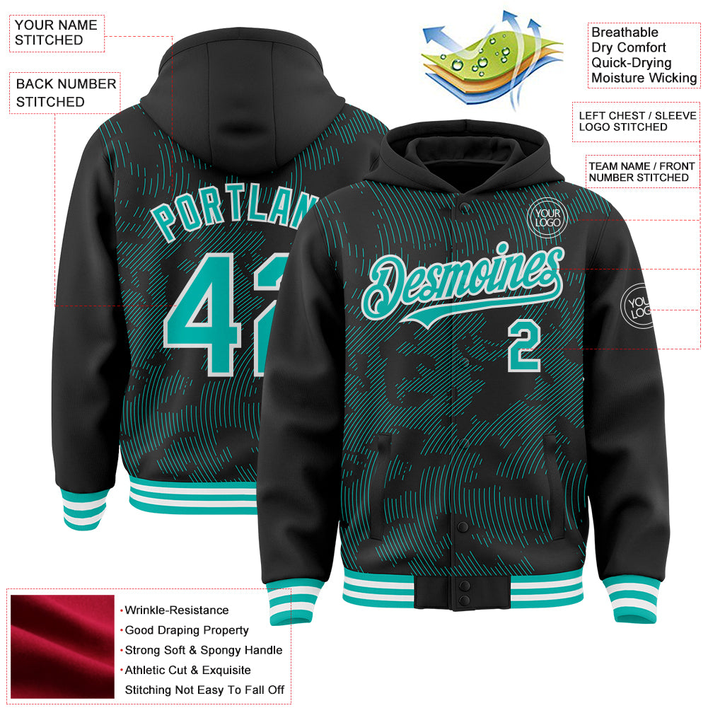 Custom Black Aqua-White Curve Lines Bomber Full-Snap Varsity Letterman Hoodie Jacket